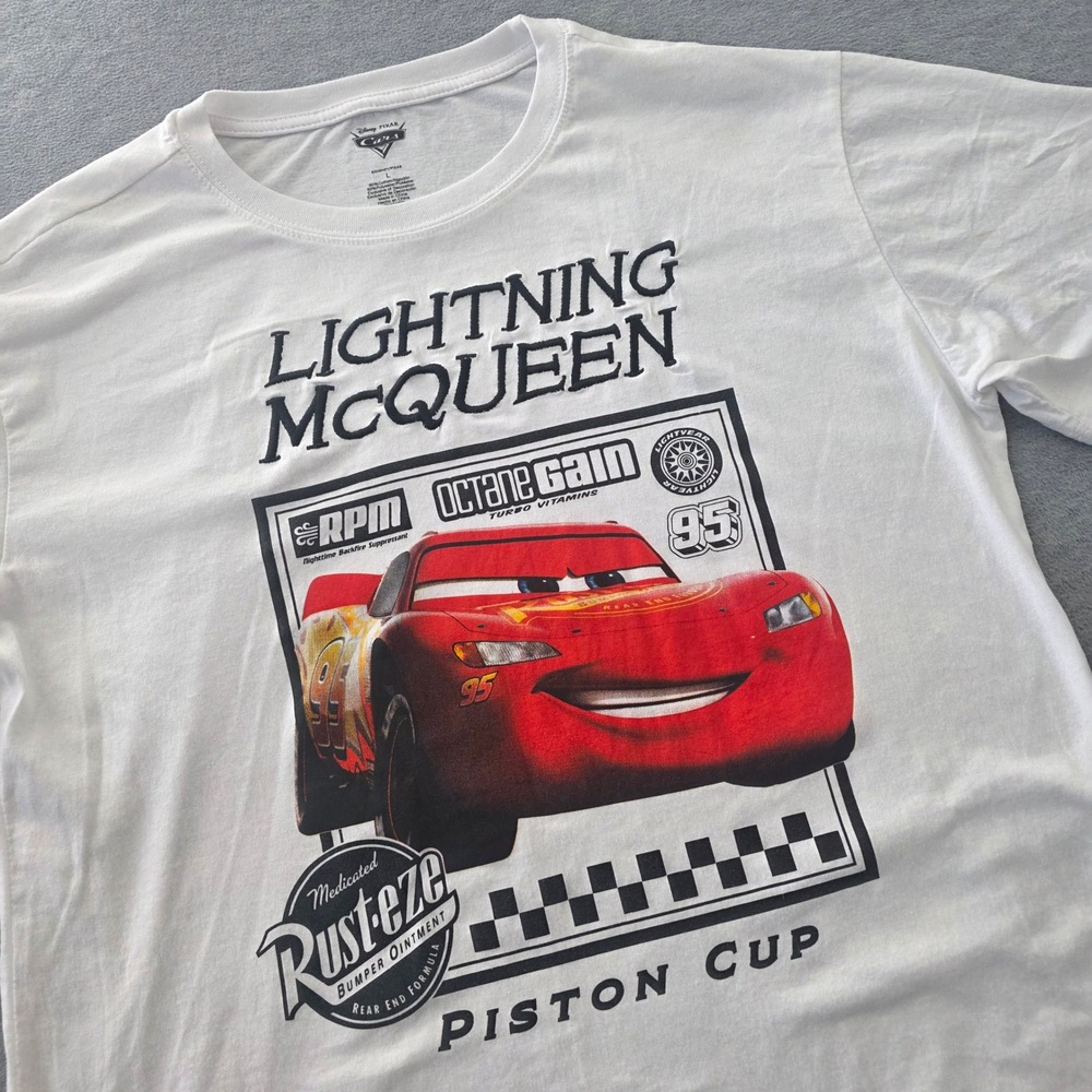 Disney Pixar Cars Lightning McQueen White Graphic T-Shirt Mens Large 95 Racing